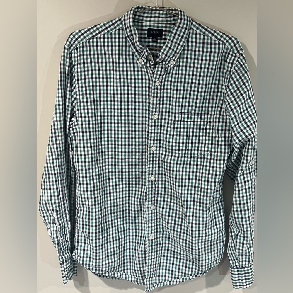Men’s J. Crew Large Navy Gingham Soft Cotton Button Front Casual Summer Shirt